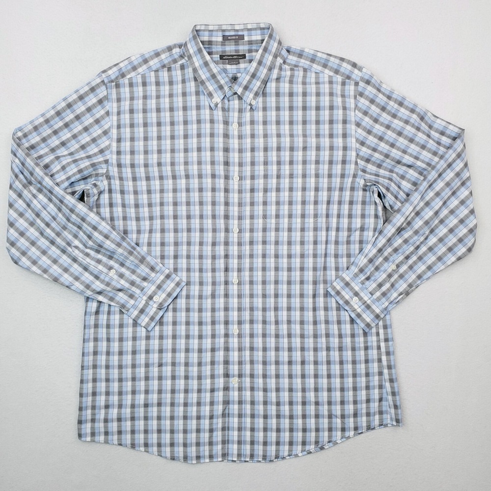 Eddie Bauer Shirt Mens Large Gray Blue Check Plaid Button Down Relaxed Fit